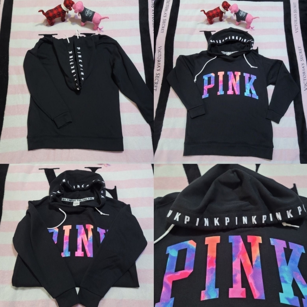 PINK Victoria's Secret Black WATERCOLOR Logo Hoodie oversized XS